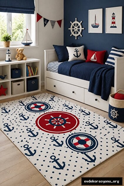 NORELLAHOME Denizci Temalı Çocuk Halısı Çapa Desenli Kaymaz Taban Yıkanabilir Erkek Çocuk Odası Halısı - Fiyatı, Yorumları